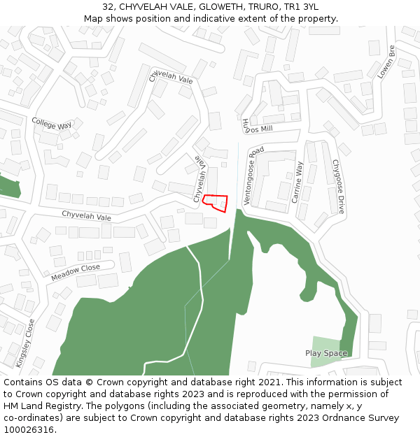 32, CHYVELAH VALE, GLOWETH, TRURO, TR1 3YL: Location map and indicative extent of plot