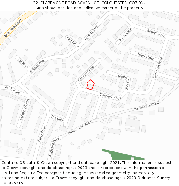 32, CLAREMONT ROAD, WIVENHOE, COLCHESTER, CO7 9NU: Location map and indicative extent of plot