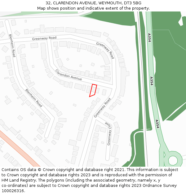 32, CLARENDON AVENUE, WEYMOUTH, DT3 5BG: Location map and indicative extent of plot