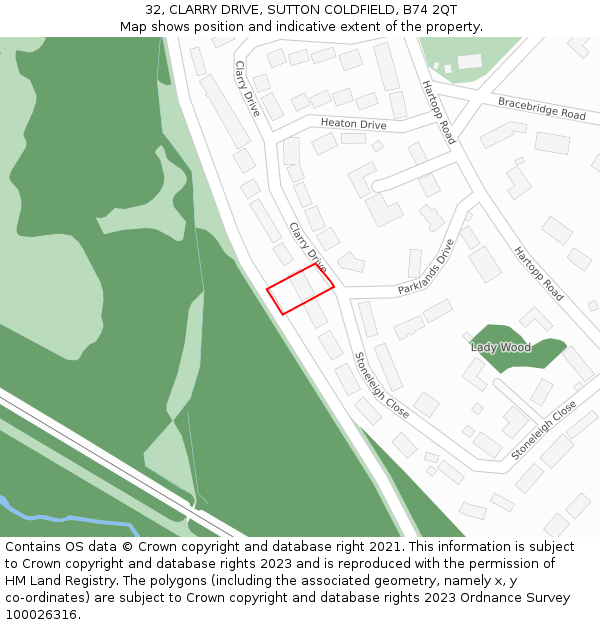 32, CLARRY DRIVE, SUTTON COLDFIELD, B74 2QT: Location map and indicative extent of plot