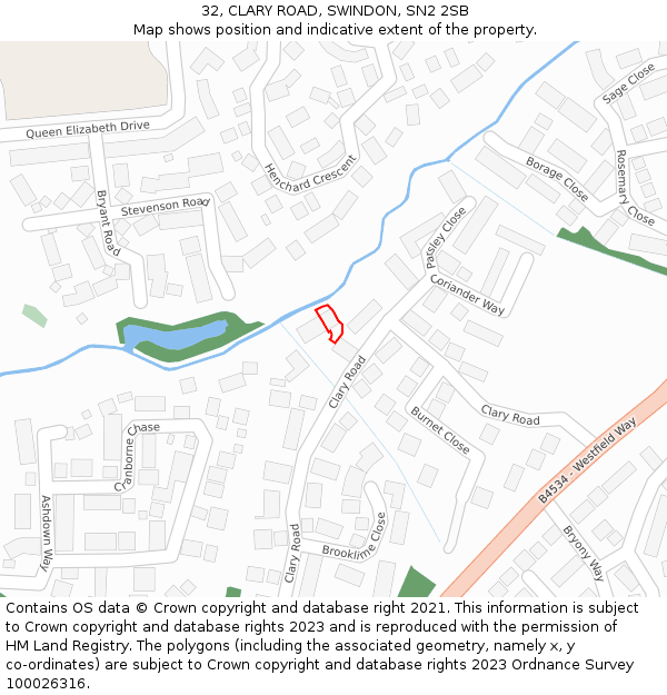 32, CLARY ROAD, SWINDON, SN2 2SB: Location map and indicative extent of plot