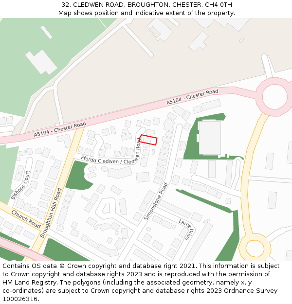32, CLEDWEN ROAD, BROUGHTON, CHESTER, CH4 0TH: Location map and indicative extent of plot