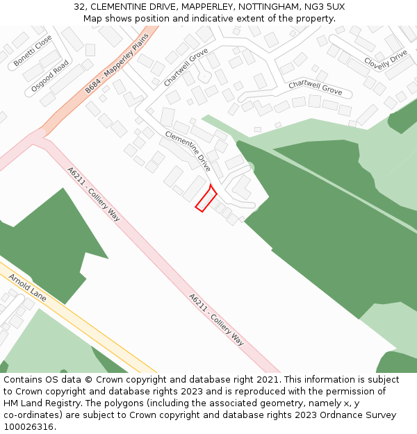32, CLEMENTINE DRIVE, MAPPERLEY, NOTTINGHAM, NG3 5UX: Location map and indicative extent of plot