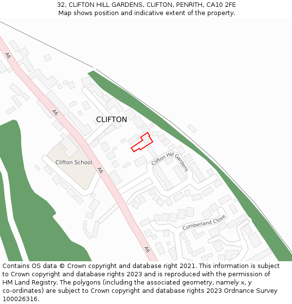 32, CLIFTON HILL GARDENS, CLIFTON, PENRITH, CA10 2FE: Location map and indicative extent of plot