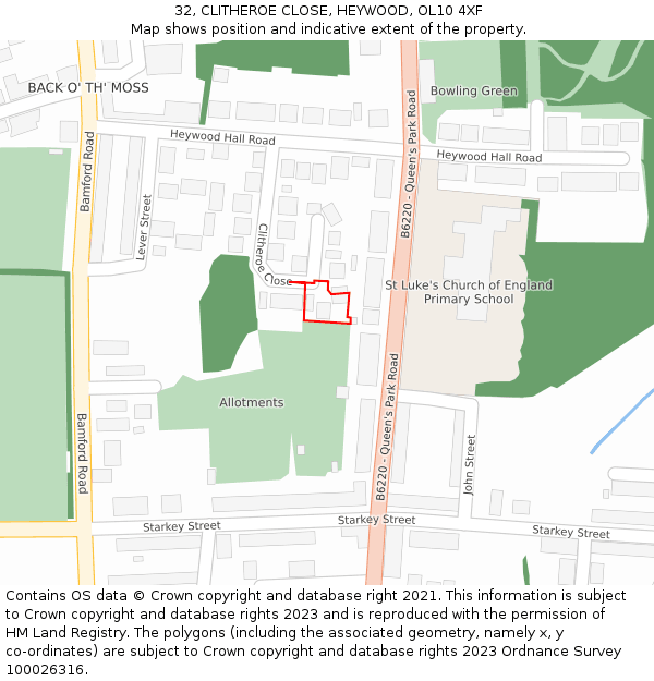 32, CLITHEROE CLOSE, HEYWOOD, OL10 4XF: Location map and indicative extent of plot