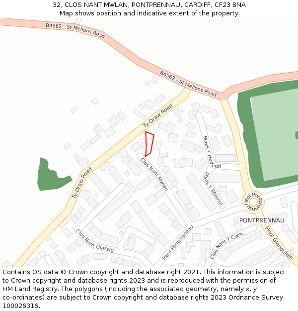 32, CLOS NANT MWLAN, PONTPRENNAU, CARDIFF, CF23 8NA: Location map and indicative extent of plot