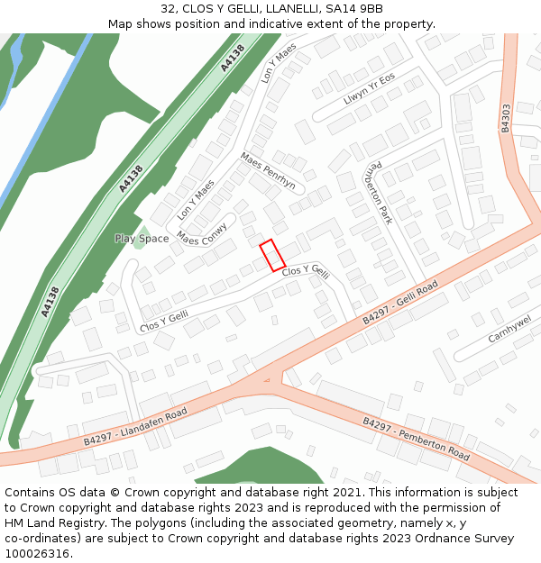 32, CLOS Y GELLI, LLANELLI, SA14 9BB: Location map and indicative extent of plot