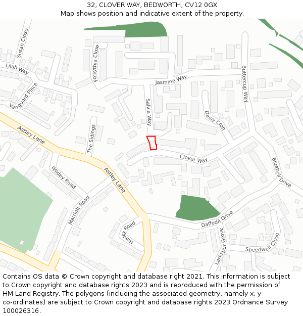 32, CLOVER WAY, BEDWORTH, CV12 0GX: Location map and indicative extent of plot