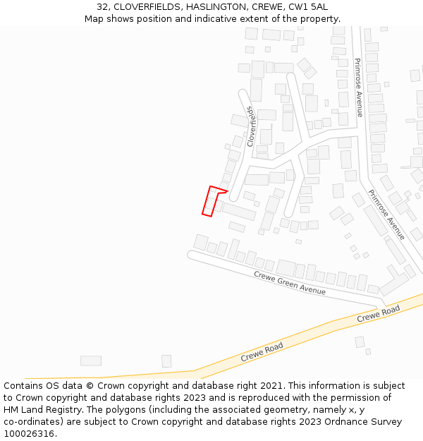 32, CLOVERFIELDS, HASLINGTON, CREWE, CW1 5AL: Location map and indicative extent of plot