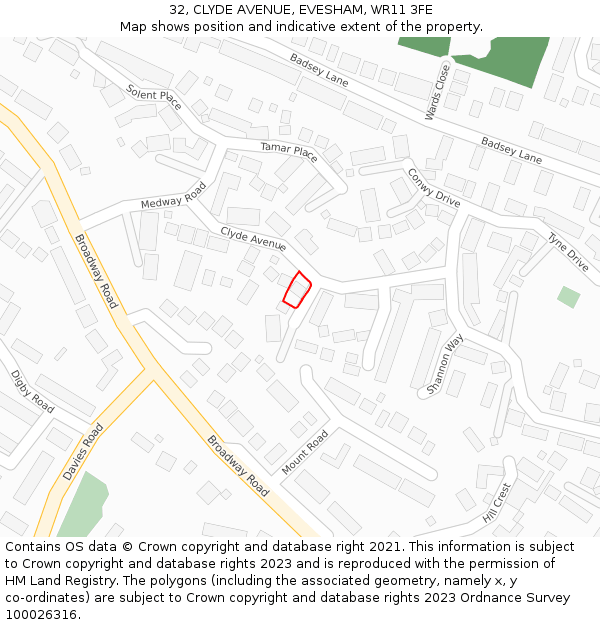 32, CLYDE AVENUE, EVESHAM, WR11 3FE: Location map and indicative extent of plot