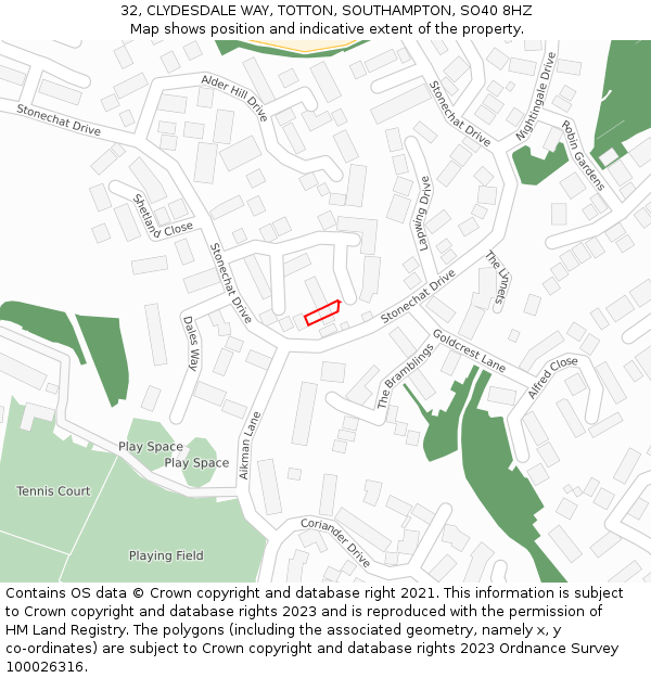 32, CLYDESDALE WAY, TOTTON, SOUTHAMPTON, SO40 8HZ: Location map and indicative extent of plot