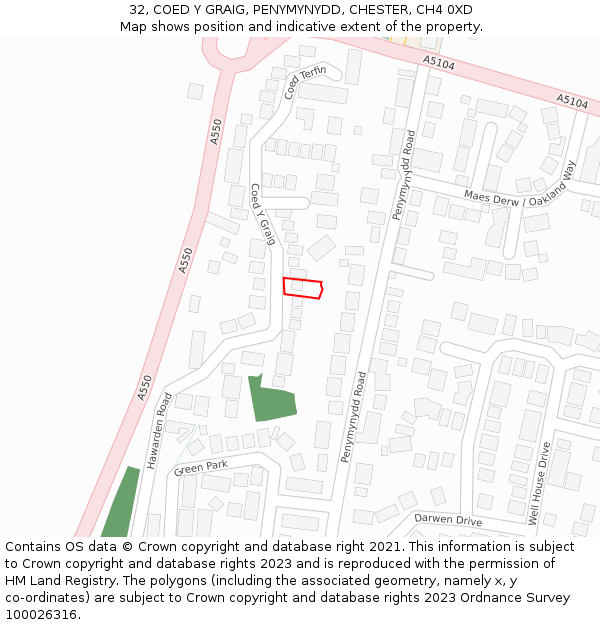 32, COED Y GRAIG, PENYMYNYDD, CHESTER, CH4 0XD: Location map and indicative extent of plot