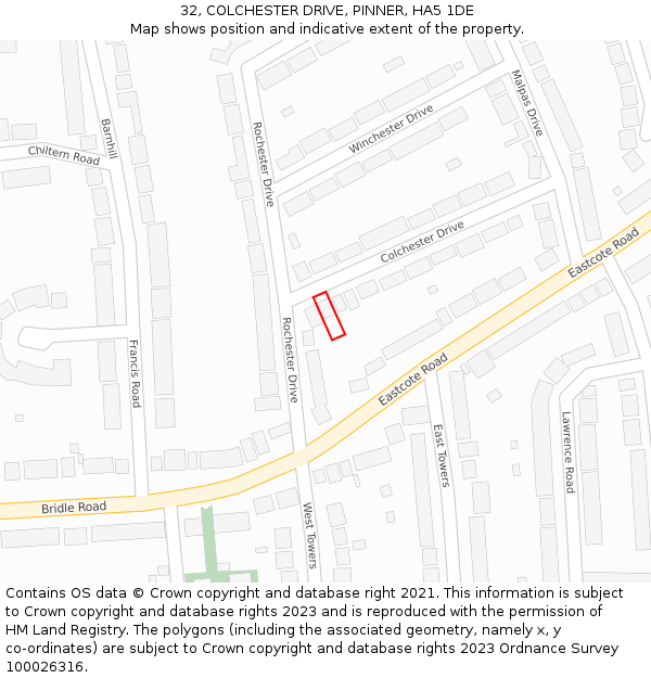 32, COLCHESTER DRIVE, PINNER, HA5 1DE: Location map and indicative extent of plot