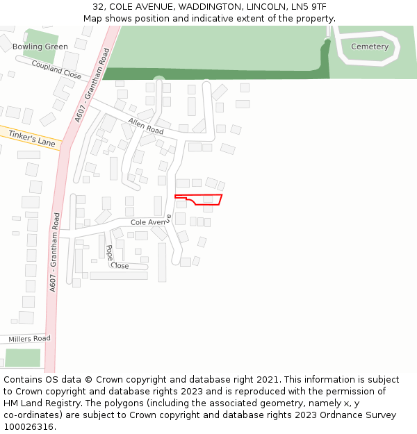 32, COLE AVENUE, WADDINGTON, LINCOLN, LN5 9TF: Location map and indicative extent of plot