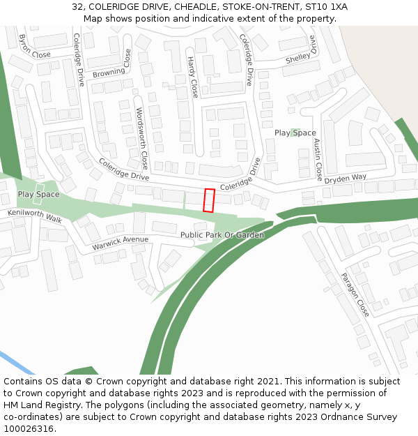 32, COLERIDGE DRIVE, CHEADLE, STOKE-ON-TRENT, ST10 1XA: Location map and indicative extent of plot