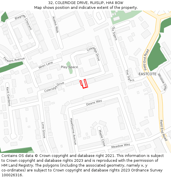 32, COLERIDGE DRIVE, RUISLIP, HA4 8GW: Location map and indicative extent of plot