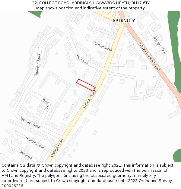 32, COLLEGE ROAD, ARDINGLY, HAYWARDS HEATH, RH17 6TY: Location map and indicative extent of plot