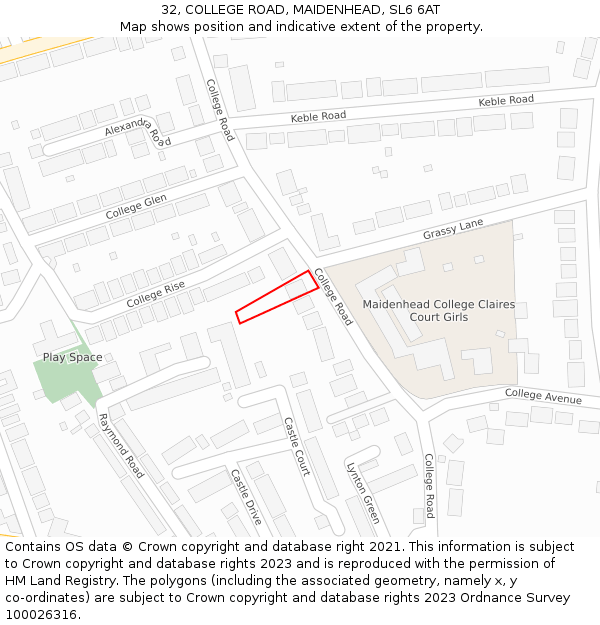 32, COLLEGE ROAD, MAIDENHEAD, SL6 6AT: Location map and indicative extent of plot