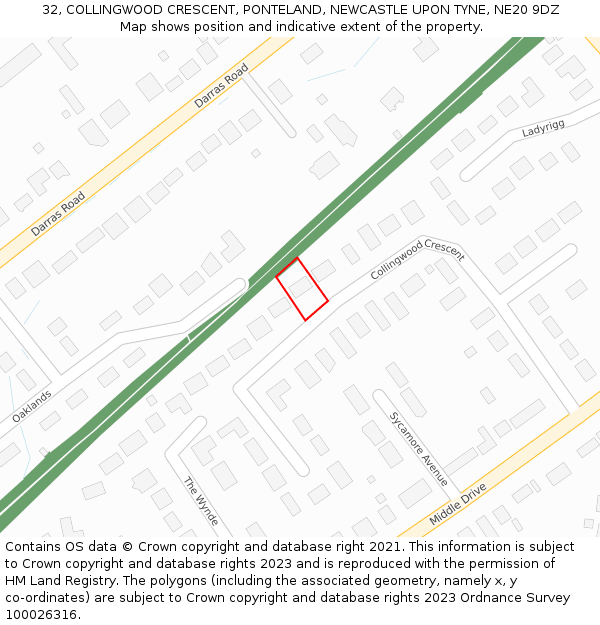 32, COLLINGWOOD CRESCENT, PONTELAND, NEWCASTLE UPON TYNE, NE20 9DZ: Location map and indicative extent of plot