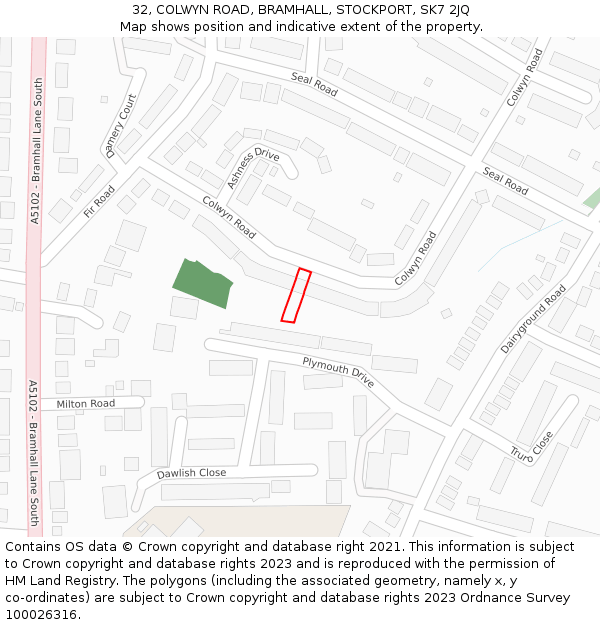 32, COLWYN ROAD, BRAMHALL, STOCKPORT, SK7 2JQ: Location map and indicative extent of plot