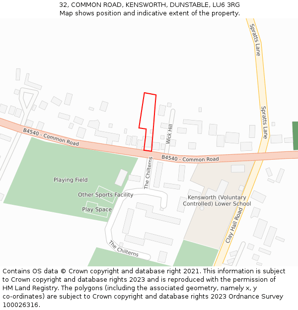 32, COMMON ROAD, KENSWORTH, DUNSTABLE, LU6 3RG: Location map and indicative extent of plot