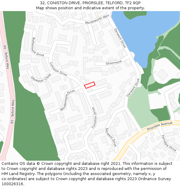 32, CONISTON DRIVE, PRIORSLEE, TELFORD, TF2 9QP: Location map and indicative extent of plot