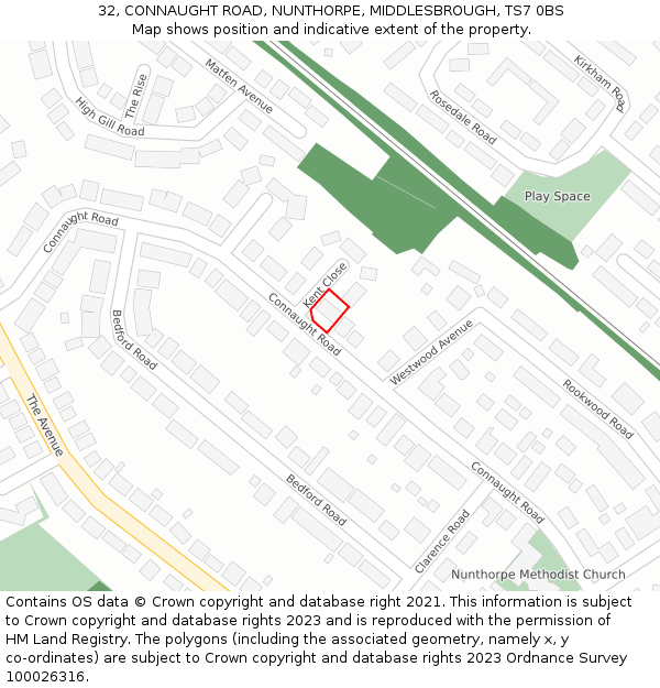 32, CONNAUGHT ROAD, NUNTHORPE, MIDDLESBROUGH, TS7 0BS: Location map and indicative extent of plot