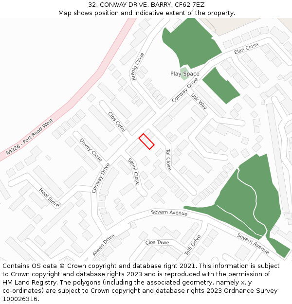 32, CONWAY DRIVE, BARRY, CF62 7EZ: Location map and indicative extent of plot