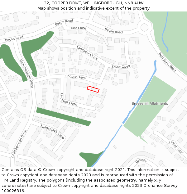 32, COOPER DRIVE, WELLINGBOROUGH, NN8 4UW: Location map and indicative extent of plot