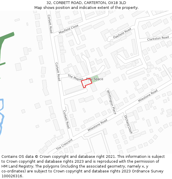 32, CORBETT ROAD, CARTERTON, OX18 3LD: Location map and indicative extent of plot