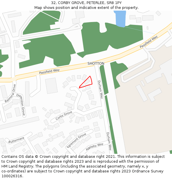 32, CORBY GROVE, PETERLEE, SR8 1PY: Location map and indicative extent of plot