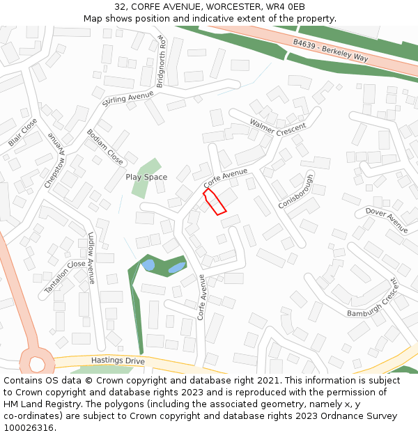 32, CORFE AVENUE, WORCESTER, WR4 0EB: Location map and indicative extent of plot