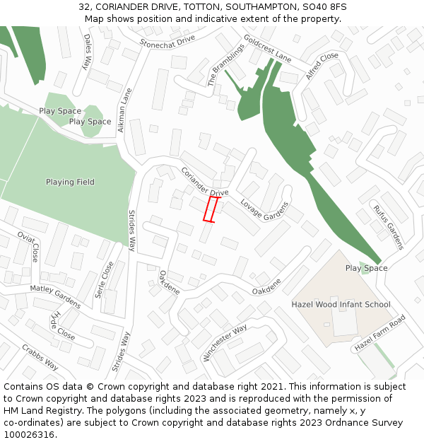 32, CORIANDER DRIVE, TOTTON, SOUTHAMPTON, SO40 8FS: Location map and indicative extent of plot