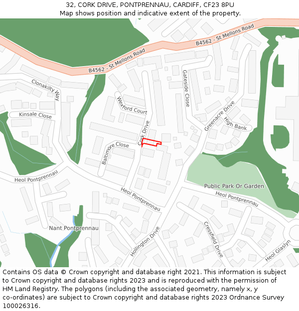 32, CORK DRIVE, PONTPRENNAU, CARDIFF, CF23 8PU: Location map and indicative extent of plot