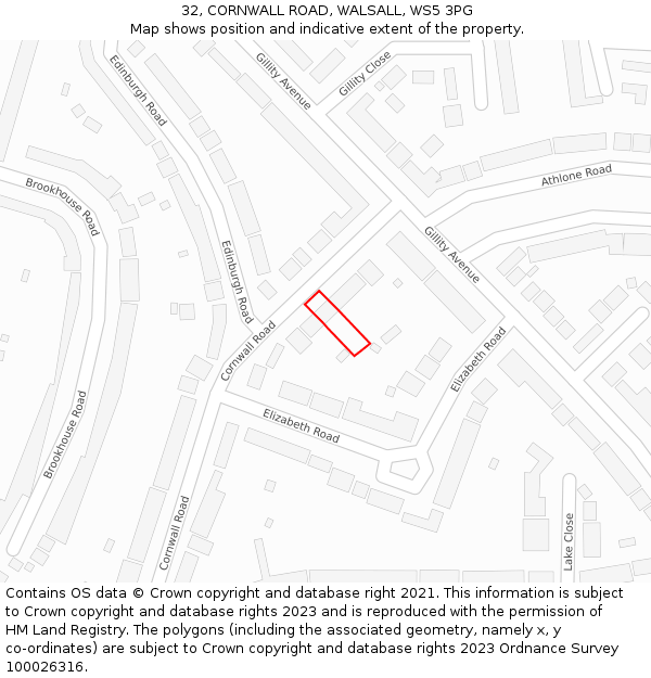 32, CORNWALL ROAD, WALSALL, WS5 3PG: Location map and indicative extent of plot