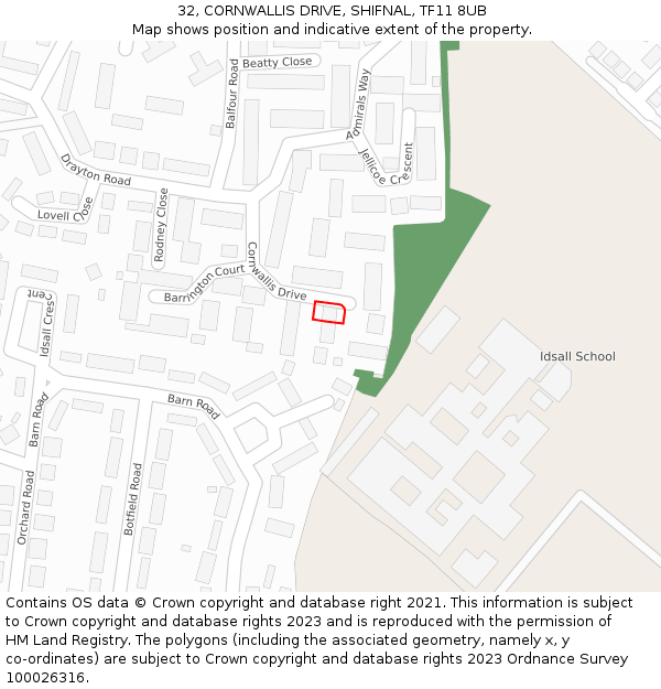 32, CORNWALLIS DRIVE, SHIFNAL, TF11 8UB: Location map and indicative extent of plot