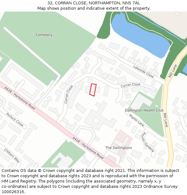 32, CORRAN CLOSE, NORTHAMPTON, NN5 7AL: Location map and indicative extent of plot