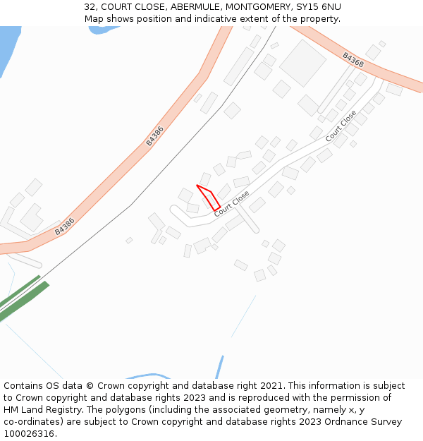 32, COURT CLOSE, ABERMULE, MONTGOMERY, SY15 6NU: Location map and indicative extent of plot