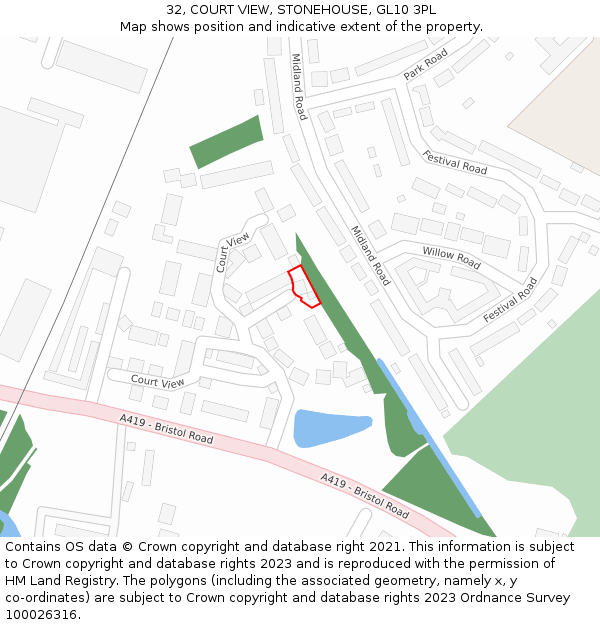 32, COURT VIEW, STONEHOUSE, GL10 3PL: Location map and indicative extent of plot