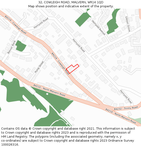 32, COWLEIGH ROAD, MALVERN, WR14 1QD: Location map and indicative extent of plot