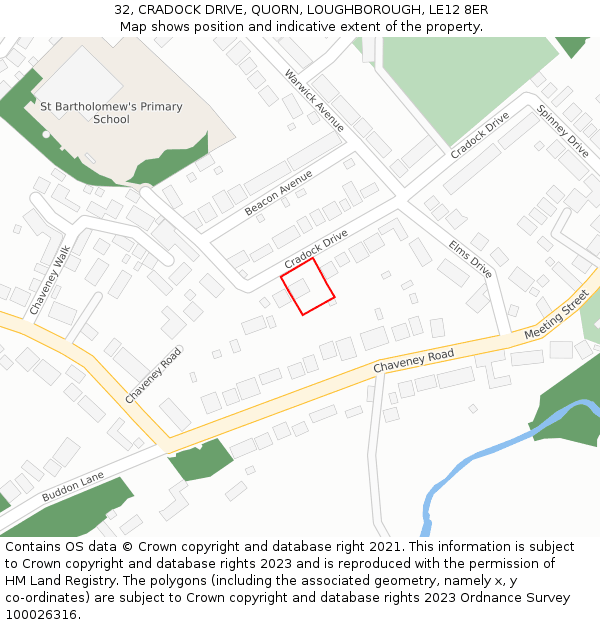 32, CRADOCK DRIVE, QUORN, LOUGHBOROUGH, LE12 8ER: Location map and indicative extent of plot