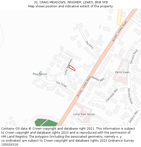 32, CRAIG MEADOWS, RINGMER, LEWES, BN8 5FB: Location map and indicative extent of plot