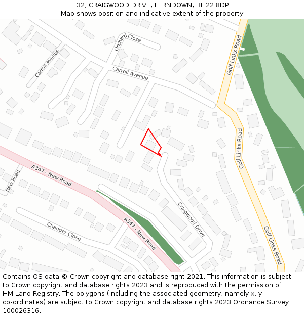 32, CRAIGWOOD DRIVE, FERNDOWN, BH22 8DP: Location map and indicative extent of plot