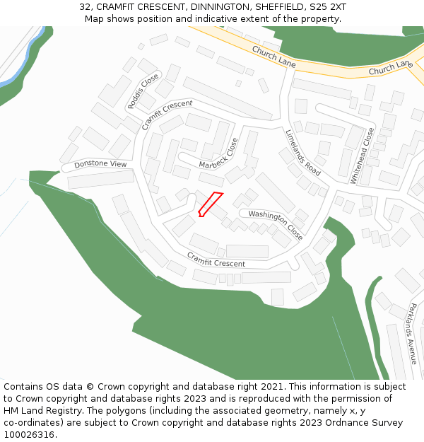 32, CRAMFIT CRESCENT, DINNINGTON, SHEFFIELD, S25 2XT: Location map and indicative extent of plot