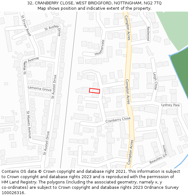 32, CRANBERRY CLOSE, WEST BRIDGFORD, NOTTINGHAM, NG2 7TQ: Location map and indicative extent of plot