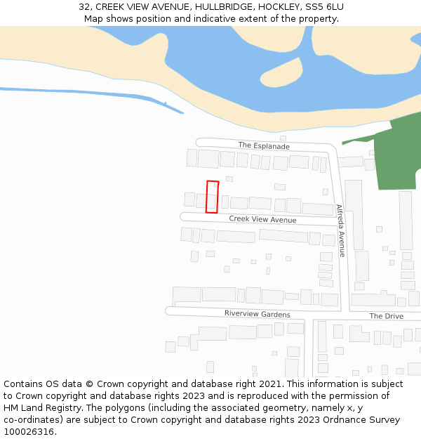 32, CREEK VIEW AVENUE, HULLBRIDGE, HOCKLEY, SS5 6LU: Location map and indicative extent of plot