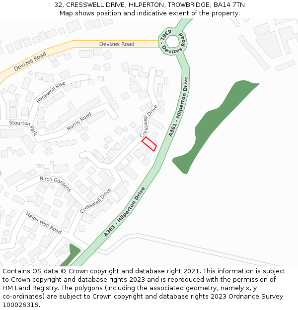 32, CRESSWELL DRIVE, HILPERTON, TROWBRIDGE, BA14 7TN: Location map and indicative extent of plot