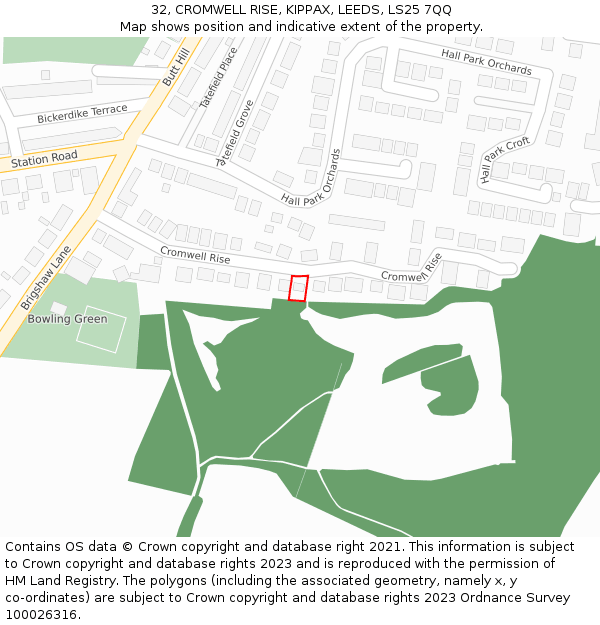 32, CROMWELL RISE, KIPPAX, LEEDS, LS25 7QQ: Location map and indicative extent of plot