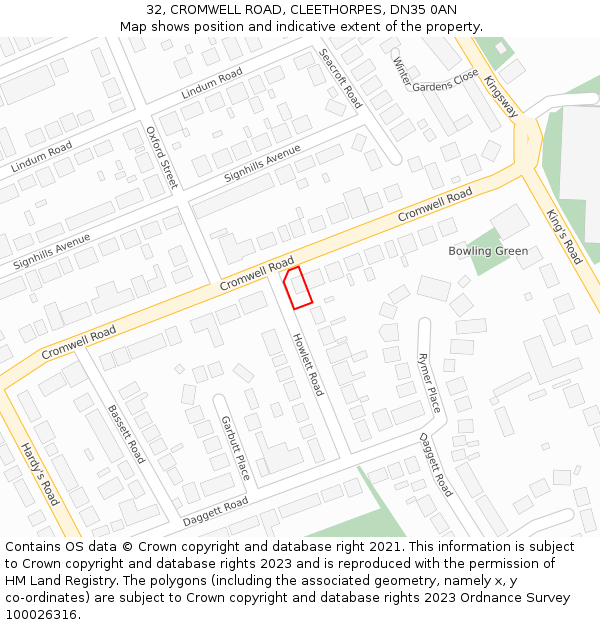 32, CROMWELL ROAD, CLEETHORPES, DN35 0AN: Location map and indicative extent of plot