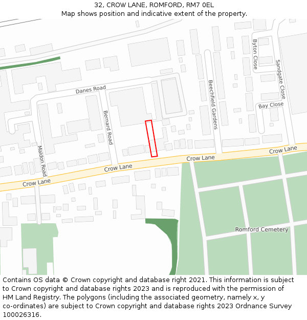 32, CROW LANE, ROMFORD, RM7 0EL: Location map and indicative extent of plot